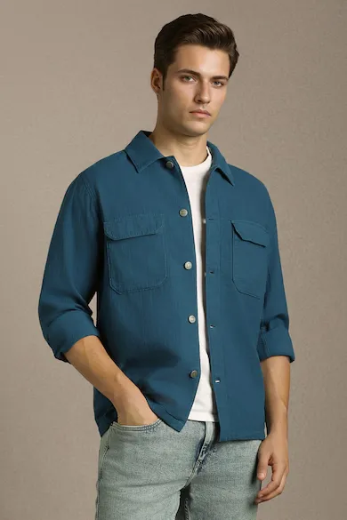 Men Casual Blue Solid Shacket